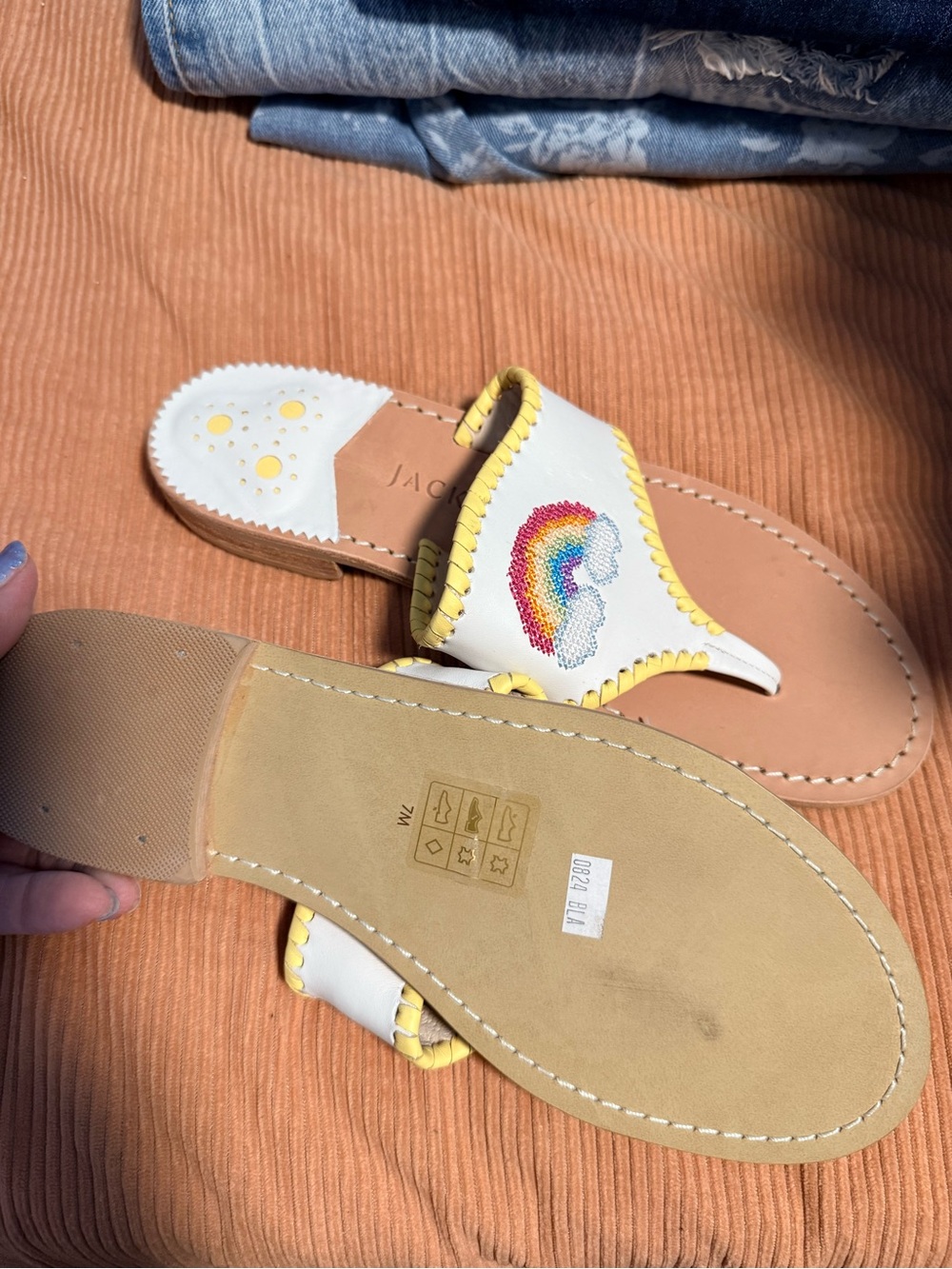 New white rainbow embroidered leather sandals sz 7 m $99 Jack rogers - Picture 8 of 8